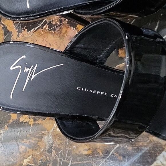 Giuseppe Zanotti Black Patent Leather Open Toe Sandals Dual Band Stiletto 37.5 - Picture 14 of 16